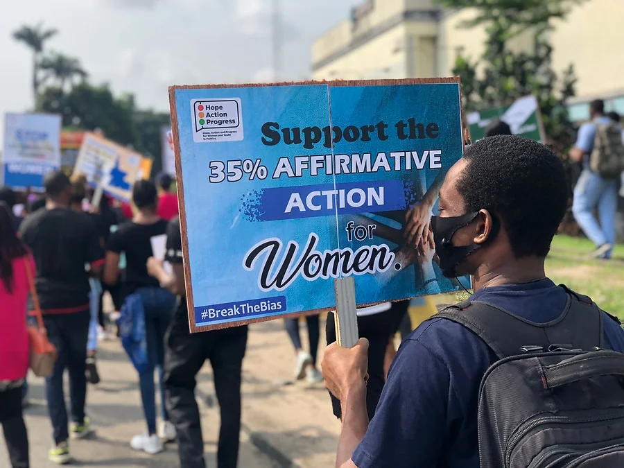 Kebetkache marked the International Women's day on March 8, 2022, held a Peaceful work to the Government house in Port Harcourt, to demand the Implementation of the 35% Affirmative Action. The 2022 theme is “Break The Bias”. (Photo: KEBETKACHE Media and Communications Unit)